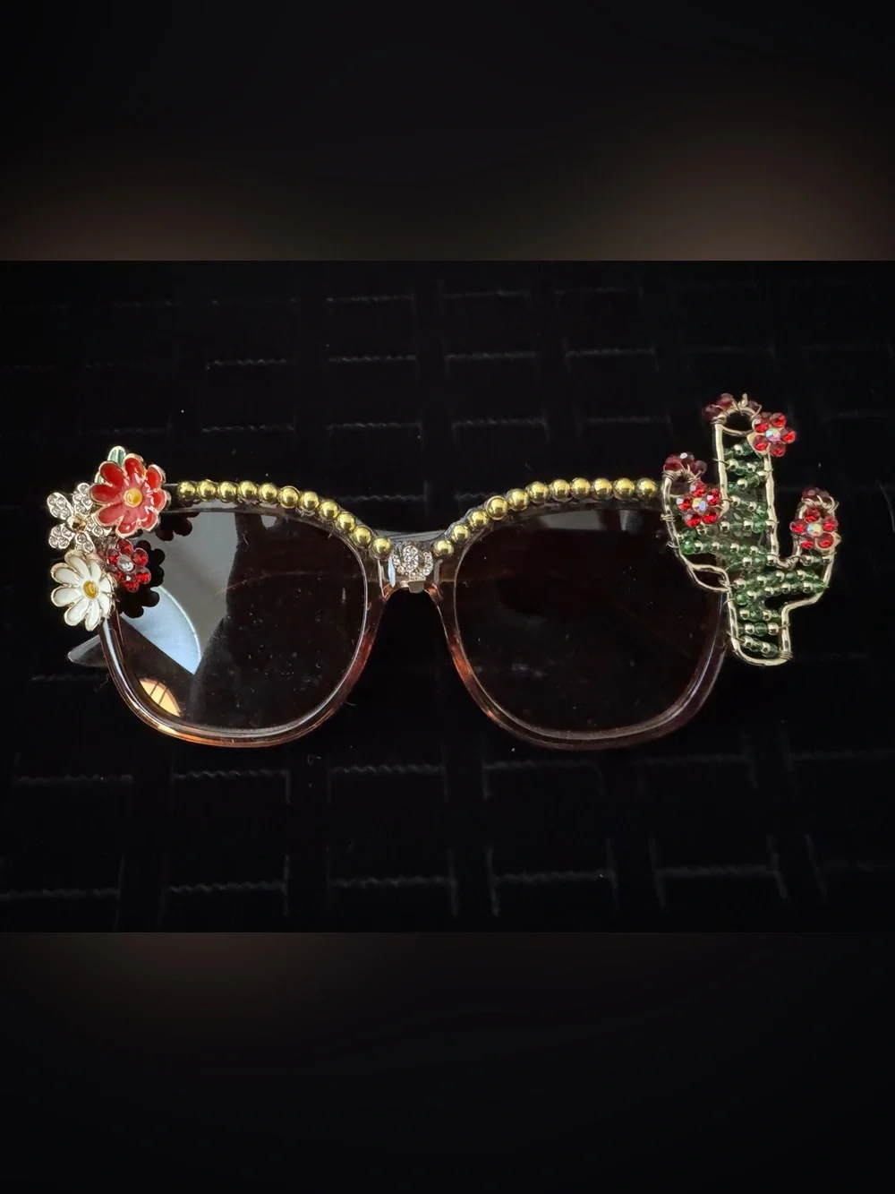 Embellished Flower & Cactus Oversized Sunglasses - Brown‎ Gradient Lenses